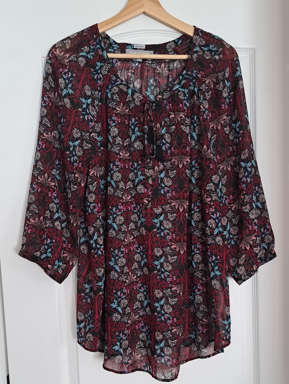 Daniel Rainn Burgundy Floral Tunic with Blue and Pink Accents